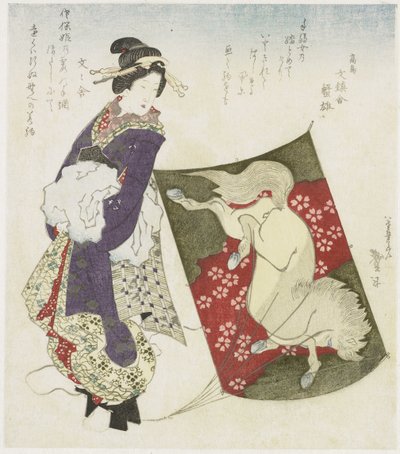 Frau steht auf der Schnur eines Drachens von Katsushika Taito II