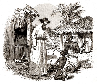 Ein katholischer Missionar in Afrika praktiziert eine Bekehrung an einem Kind und seinem Vater von Alec Hunter