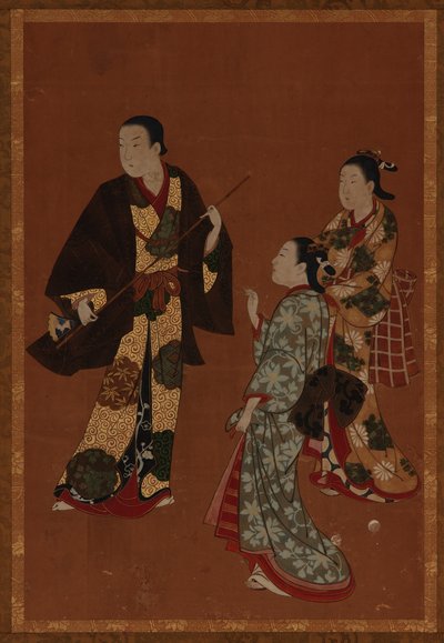Ein Mann, möglicherweise ein Schauspieler, und zwei Mädchen, Edo-Periode, 18. Jahrhundert von Kawamata Tsuneyuki