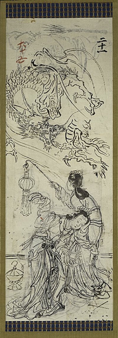 Zwei chinesische Frauen mit Drache, eine von sechs Skizzen von Kawanabe Kyosai