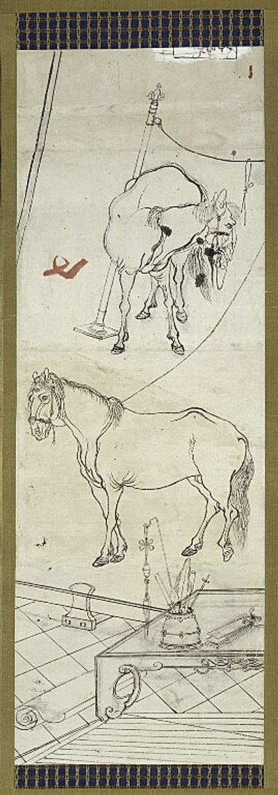 Zwei Pferde im chinesischen Stil, eine von sechs Skizzen von Kawanabe Kyosai