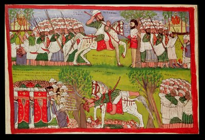 Verbrennung von Kirchen durch Muslime und der Tod von Cristobal de Gama und der Fall und Tod von Ahmed ibn Ibrahim al-Ghazi (1506-43) erschossen von einem portugiesischen Musketier, ca. 1900 von Kegneketa Jemlieri Hailu of Gondar