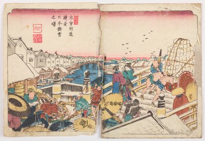 Die Nihon-bashi-Brücke an einem verschneiten Morgen, Platte 1 aus der Serie: Die Kisokaido-Straße von Keisai Eisen