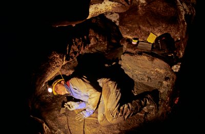Wer waren die ersten Amerikaner, Timothy Heaton, bei der Ausgrabung, On your Knees Cave, Prince of Wales Island, Alaska, 2008 (Foto) von Kenneth Garrett