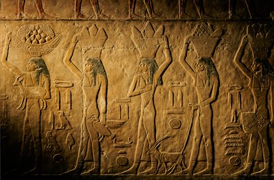 Frauen tragen Brot, Vogel, Ziege und Produkte, Grab von Tiye, Ägypten; Altes Reich; Saqqara von Kenneth Garrett