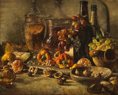 Stillleben mit Früchten, Nüssen und Flaschen von Kenneth Newton