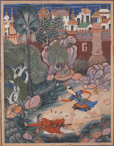 Umar geht um die Burg Fulad, trifft einen Fußsoldaten und tritt ihn zu Boden, ca. 1570 von Kesav Das