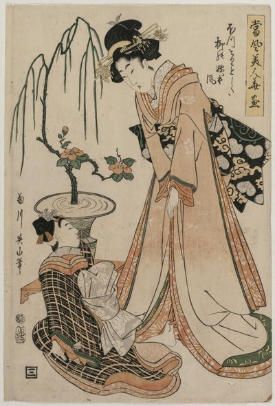 Eine Hofdame mit einer Taille so schlank wie eine Weide aus der Serie Blumen und moderne Schönheiten von Kikukawa Eizan