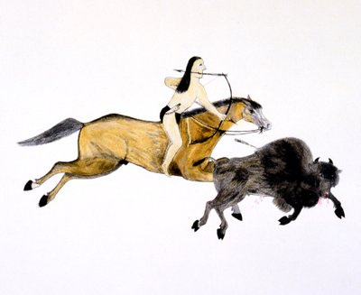 Berittener Indianer der Großen Ebenen jagt Büffel mit Bogen und Pfeil, ca. 1890-1927 von Kills Two