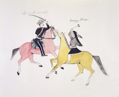 Symbolische Darstellung des Konflikts zwischen den Indianern und den Weißen, dargestellt durch ihre beiden berühmtesten Anführer, General Custer und Crazy Horse von Kills Two