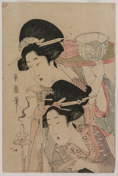Zwei Geishas neben einer Kerze von Kitagawa Tsukimaro