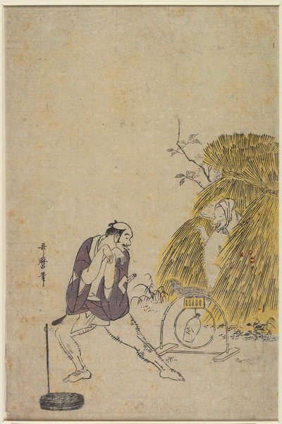 Ein Lakai (Yakko) verspottet eine Falle für Füchse von Kitagawa Utamaro