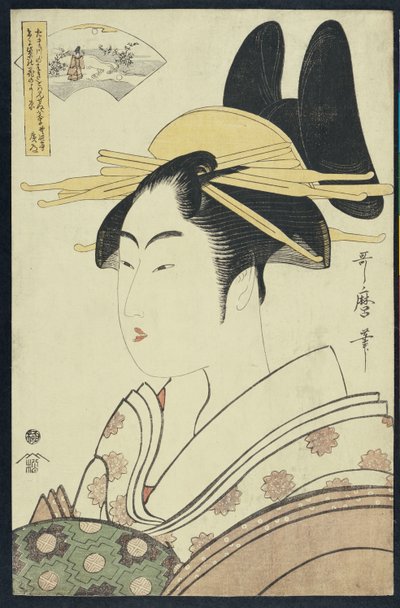 Ein Okubi-E-Porträt einer Kurtisane, die den Hagi- oder Noki-Fluss darstellt von Kitagawa Utamaro