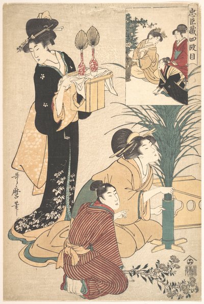 Eine Frau und ein Mann arrangieren Blumen für das Tsukimi (Mondfest) von Kitagawa Utamaro
