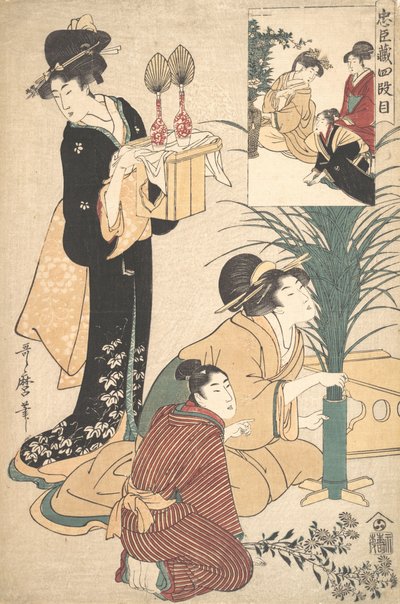 Eine Frau und ein Mann arrangieren Blumen für das Tsukimi-Mondfest von Kitagawa Utamaro