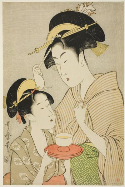 Ein junges Mädchen bietet einer anderen Frau Tee an von Kitagawa Utamaro