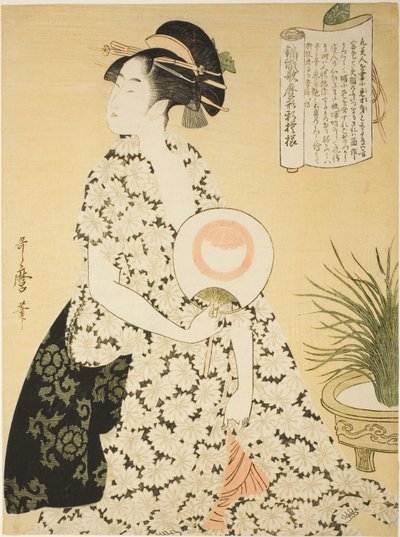 Schönheit im Sommerkimono, aus der Serie „Neue Muster von Brokat im Utamaro-Stil“ von Kitagawa Utamaro