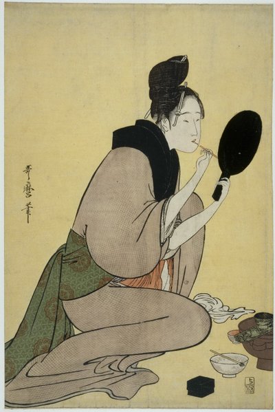 Bijin-ga. Mädchen trägt Lippenstift auf von Kitagawa Utamaro
