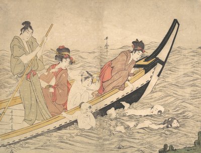 Bootsfahrt mit schwimmenden Kindern von Kitagawa Utamaro
