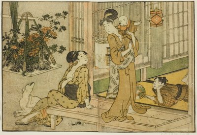 Bon-Festival-Laternen und Pflanzenverkäufer, aus dem illustrierten Buch "Bilderbuch: Blumen der vier Jahreszeiten (Ehon shiki no hana)," Bd. 2 von Kitagawa Utamaro