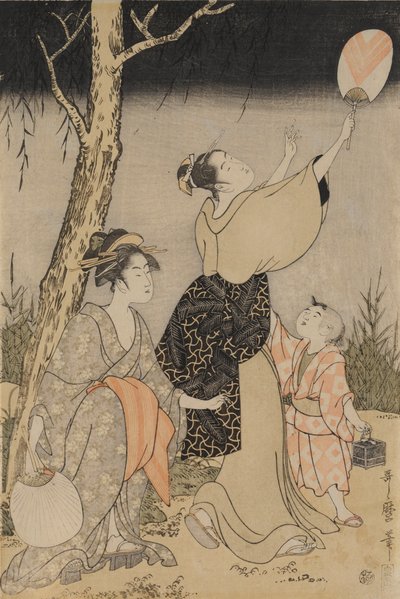 Glühwürmchen fangen unter einem Weidenbaum (links) von Kitagawa Utamaro