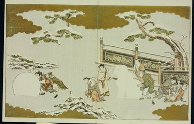 Kinder, die einen Schneeshishi machen und einen Schneeball rollen, aus "Die Silberwelt" von Kitagawa Utamaro