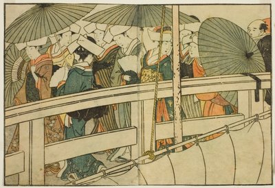 Überquerung einer Brücke im Sommer, aus dem illustrierten Buch "Bilderbuch: Blumen der vier Jahreszeiten (Ehon shiki no hana)," Bd. 1 von Kitagawa Utamaro