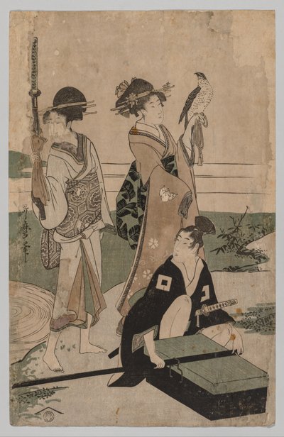 Daimio und sein Gefolge überqueren einen Bach in der Ebene bei Fuji, 1753-1806 von Kitagawa Utamaro