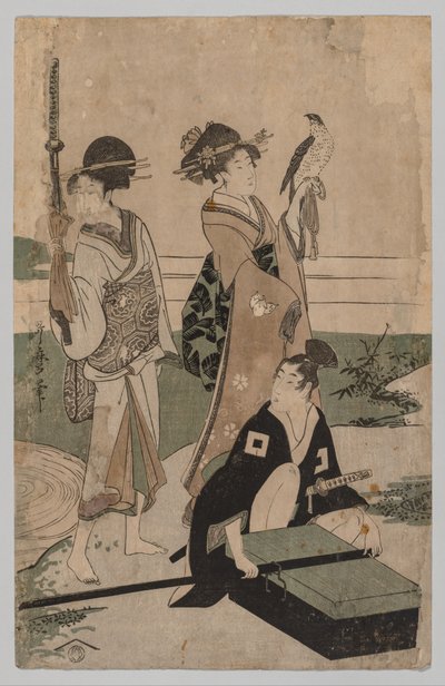 Daimyō und sein Gefolge überqueren einen Bach in der Ebene bei Fuji von Kitagawa Utamaro