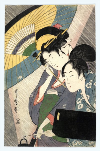 Zwei Frauen unter einem Regenschirm von Kitagawa Utamaro