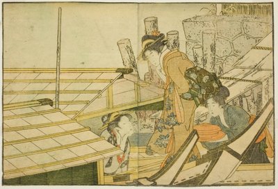 Einschiffen auf Vergnügungsboote im Sommer, aus dem illustrierten Buch "Bilderbuch: Blumen der vier Jahreszeiten (Ehon shiki no hana)," Bd. 1 von Kitagawa Utamaro