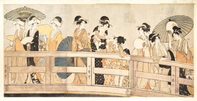 Genießen der kühlen Abendbrise auf und unter der Brücke von Kitagawa Utamaro