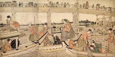 Fischerboote mit Netzen unter der Ryogoku-Brücke, 1790er Jahre von Kitagawa Utamaro