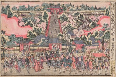 Schwebendes Bild der Vorderseite des Shiba Atago Schreins von Kitagawa Utamaro