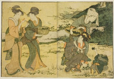 Kräutersammeln im Frühling, aus dem illustrierten Buch "Bilderbuch: Blumen der vier Jahreszeiten (Ehon shiki no hana)," Bd. 1 von Kitagawa Utamaro