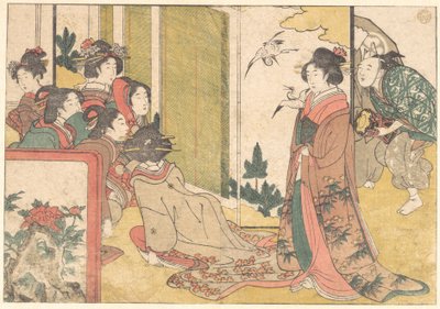 Mädchen, die von Künstlern unterhalten werden, aus dem illustrierten Buch Blumen der vier Jahreszeiten von Kitagawa Utamaro