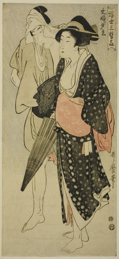 Ehemann und Ehefrau im Abendregen (Fufu no Yudachi), aus der Serie "Drei Abendvergnügen der schwebenden Welt" ("Ukiyo San Seki") von Kitagawa Utamaro