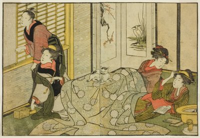 Innenszene an einem verschneiten Tag, aus dem illustrierten Buch "Bilderbuch: Blumen der vier Jahreszeiten (Ehon shiki no hana)", Bd. 2 von Kitagawa Utamaro