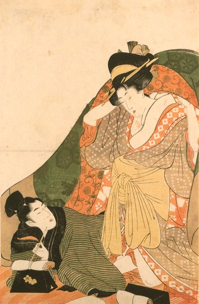 Liebende unter einem Futon; Eröffnungsbild zu einem erotischen Set von Kitagawa Utamaro