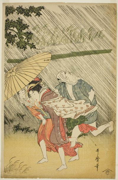 Liebende unter einem Regenschirm von Kitagawa Utamaro
