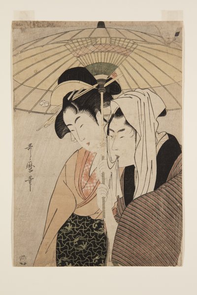 Mann und Frau unter einem Regenschirm von Kitagawa Utamaro