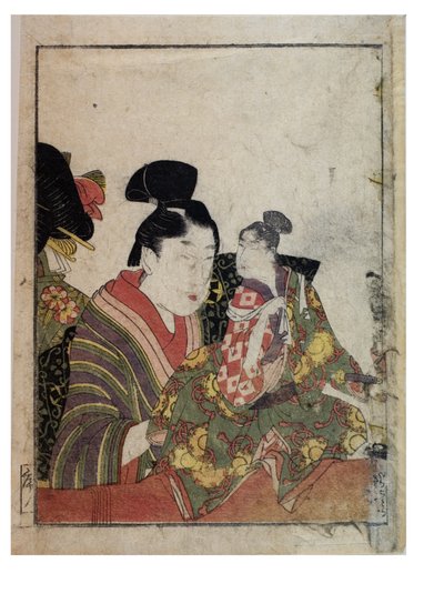 Marionettenszenen mit männlichen und weiblichen Manipulatoren von Kitagawa Utamaro