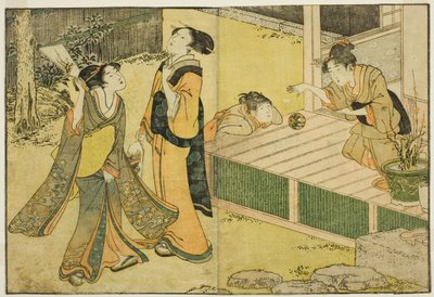 Neujahrsspiele mit Federball, Battledore und Handball, aus dem illustrierten Buch "Bilderbuch: Blumen der vier Jahreszeiten," Bd. 1 von Kitagawa Utamaro