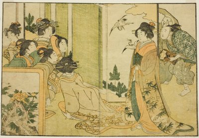Neujahrs-Manzai-Aufführung in der Residenz eines Feudalherren, aus dem illustrierten Buch "Bilderbuch: Blumen der vier Jahreszeiten (Ehon shiki no hana)," Bd. 1 von Kitagawa Utamaro