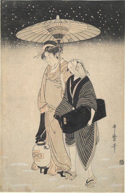 Nachtpass im Schnee von Kitagawa Utamaro