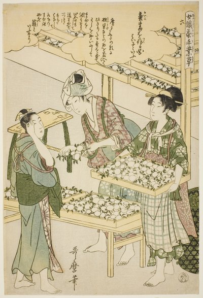 Nr. 6 (roku), aus der Serie "Frauen in der Seidenraupenzucht (Joshoku kaiko tewaza-gusa)" von Kitagawa Utamaro