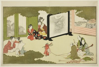 Aufführung eines dressierten Affen, aus einer illustrierten Gedichtanthologie mit dem Titel "Der junge Gott Ebisu (Waka Ebisu)" von Kitagawa Utamaro