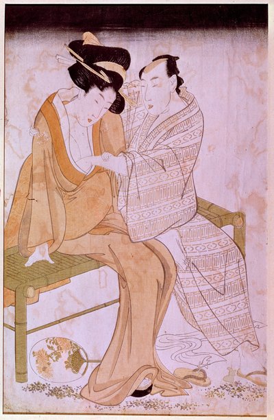 Darstellung eines japanischen Paares, das sich auf einer Bank streichelt. Drucke von Utamaro Kitagawa (1753-1806). Paris, Guimet Museum, Nationalmuseum für asiatische Kunst von Kitagawa Utamaro