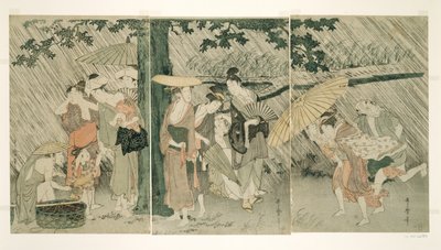 Schutz vor einem plötzlichen Regenschauer von Kitagawa Utamaro