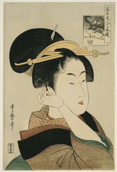 Tatsumi Roko, aus der Serie „Berühmte Schönheiten verglichen mit den sechs unsterblichen Dichtern“ ("Komei bijin rokkasen") von Kitagawa Utamaro